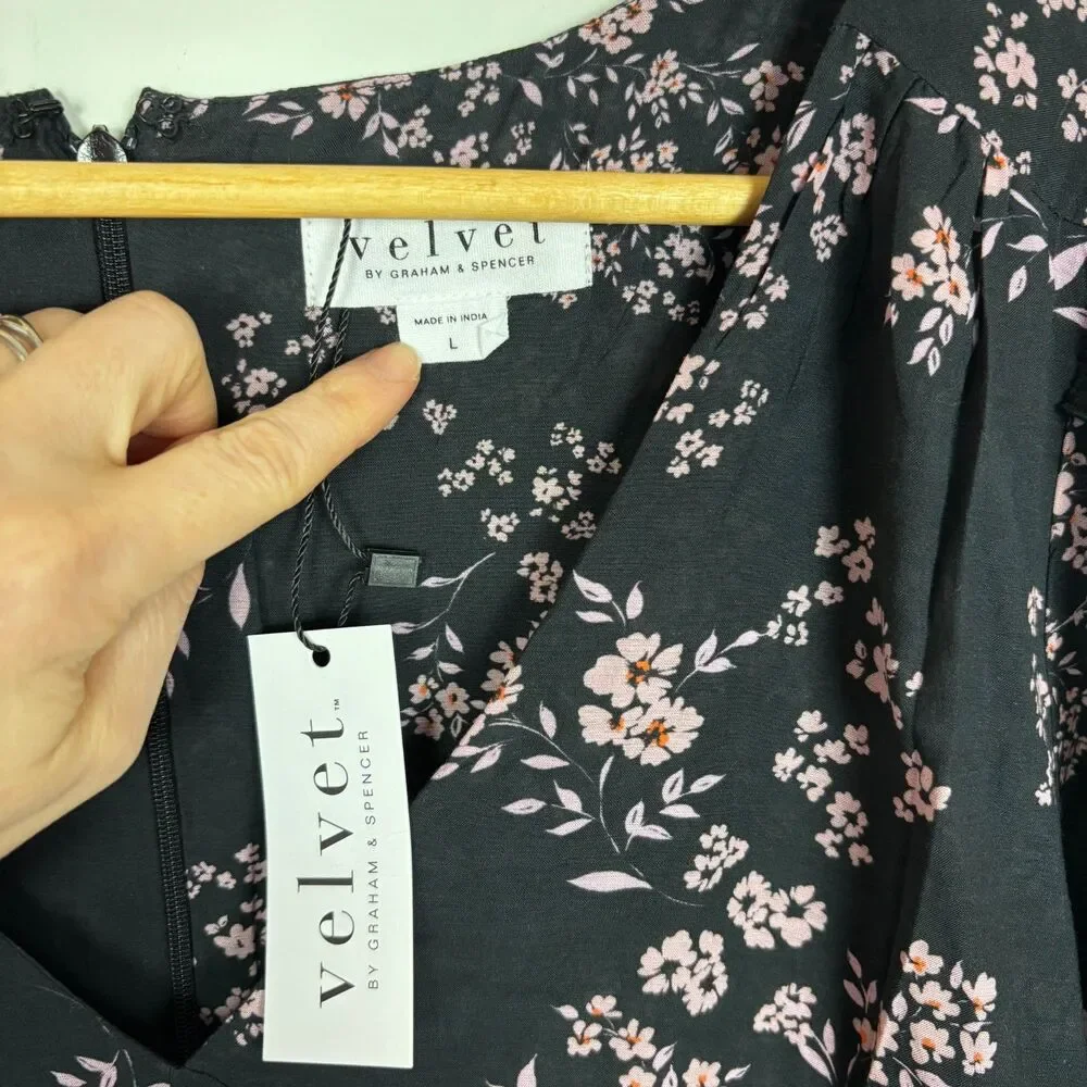 NWT Velvet Graham & Spencer India Printed Black Floral Dress Women’s Large Lined - Picture 6 of 9